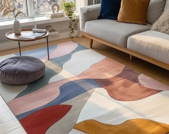 Hand Tufted Abstract Wool Rug - Multi Color Pastel Area Rug - Modern Mid Century Style Carpet - Soft Aesthetic Living Room Décor