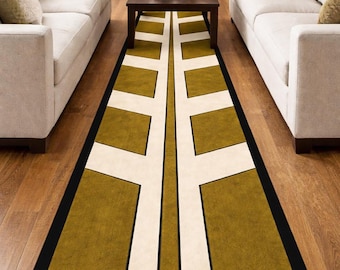 Hand Tufted Geometric Runner Rug, Olive Green Ivory Wool Carpet, Luxury Hallway Runner, Modern Handmade Rug, Minimalist Long Carpet Decor