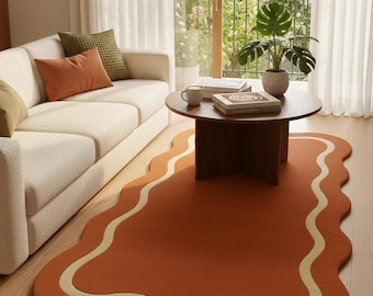 Hand Tufted Wavy Border Runner Rug – Modern Hallway Carpet in Rust Orange Wool Carpet, Luxury Handmade Rugs, Long Carpet Décor