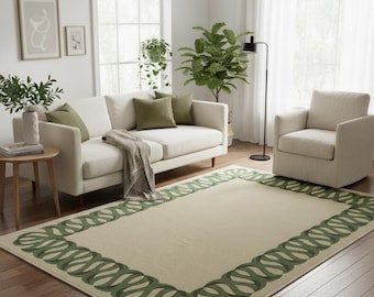 Handmade Round Wool Rug, Green Leaf Border Carpet, Modern Hand Tufted Area Rug for Living Room, Bedroom & Entryway Home Décor