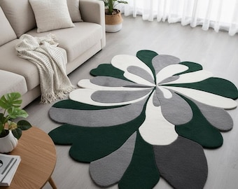 Alfombra abstracta de lana tejida a mano, moderna, verde y gris - Decoración botánica abstracta para el hogar - Alfombras personalizadas hechas a mano
