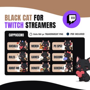 カプチーノ ブラック キャット パネル グラフィックは、ストリーマー、クリエイター、ゲーマーに最適です。かわいいチビ パネル、Twitch、Kick、YouTube、Discord。