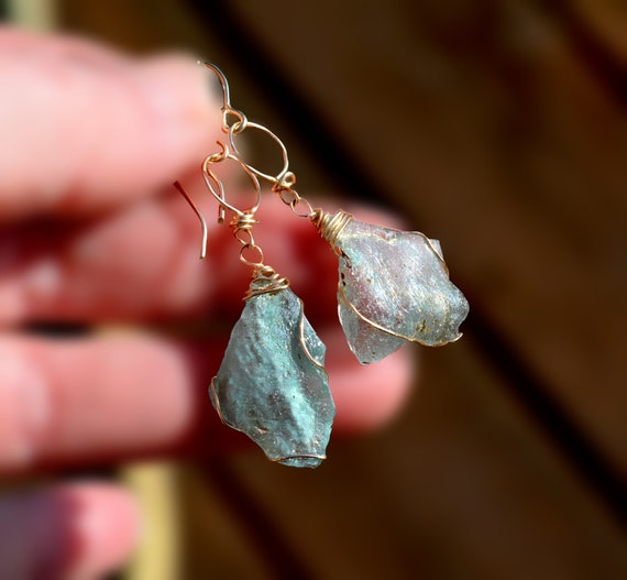 Ancient Roman Glass Earrings with Textured Edge Handmade in Israel Ancient Roman Glass Earrings with Textured Edge Handmade in Israel