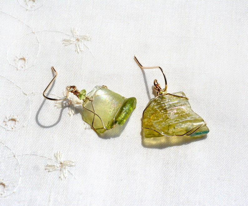 Israeli Jewelry Israel Earrings Free Shipping Gold Filled Green Roman Glass Earrings Roman Glass Jewelry from Israel Roman Glass Earrings