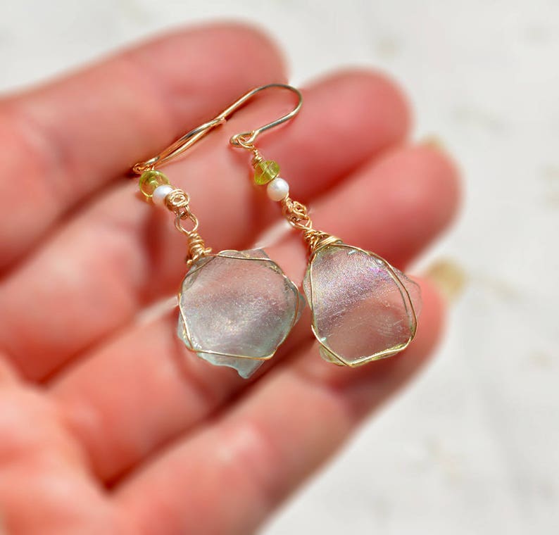 Thin Roman Glass Earrings Pearl& Peridot Gold Filled Earrings. Roman Glass Jewelry from Israel Antique Glass Israeli Jewelry Free Shipping image 5