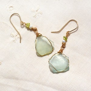 Thin Roman Glass Earrings Pearl& Peridot Gold Filled Earrings. Roman Glass Jewelry from Israel Antique Glass Israeli Jewelry Free Shipping image 9