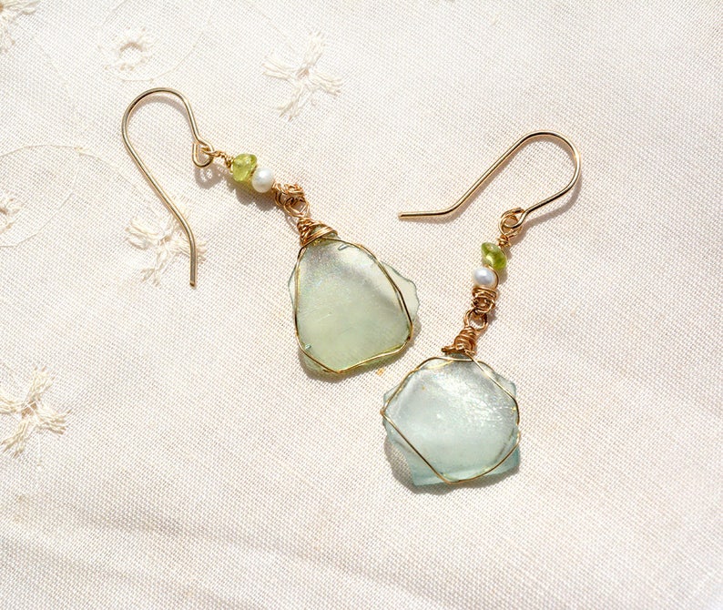 Thin Roman Glass Earrings Pearl& Peridot Gold Filled Earrings. Roman Glass Jewelry from Israel Antique Glass Israeli Jewelry Free Shipping image 9