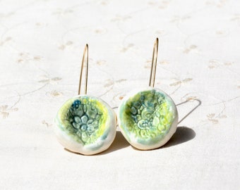 Long Gold Filled Ceramic Earrings. Israeli Earring. Green Textured Ceramic Clay Earrings. Jewelry from Israel Threader Earring Free Shipping