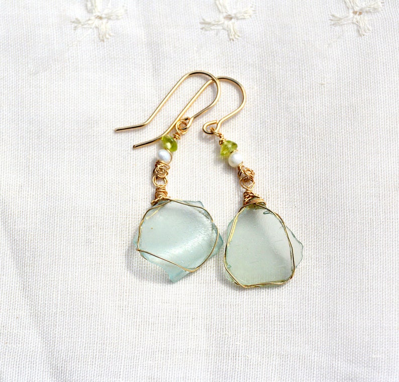 Thin Roman Glass Earrings Pearl& Peridot Gold Filled Earrings. Roman Glass Jewelry from Israel Antique Glass Israeli Jewelry Free Shipping image 2