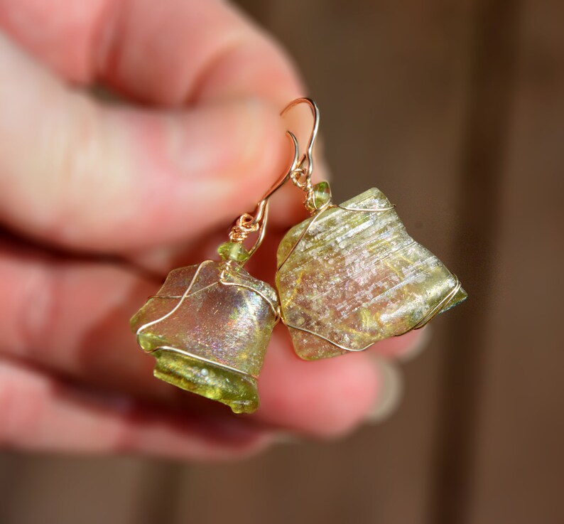 Israeli Jewelry Israel Earrings Free Shipping Gold Filled Green Roman Glass Earrings Roman Glass Jewelry from Israel Roman Glass Earrings