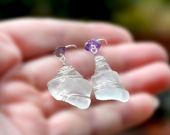 Sea Glass Earrings Silver Earrings Israeli Sea Glass +Purple Chip Beads. Boho Style Jewelry from Israel Bottle Top Beach Glass Free Shipping