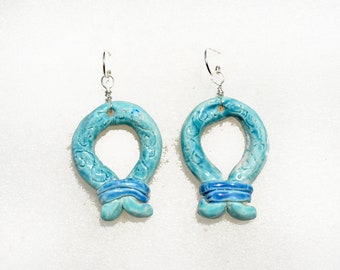 Israeli Jewelry. Big Ceramic Earrings Silver Wires. Jewelry from Israel. Boho Style Turquoise Earrings. Israeli Earrings. Free Shipping