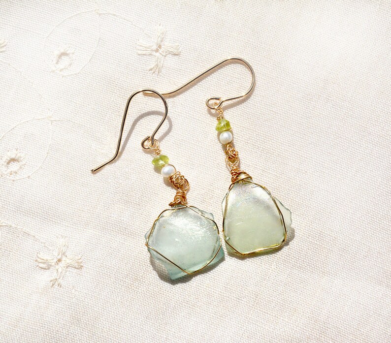 Thin Roman Glass Earrings Pearl& Peridot Gold Filled Earrings. Roman Glass Jewelry from Israel Antique Glass Israeli Jewelry Free Shipping image 8