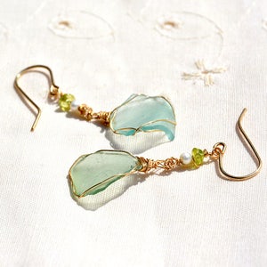 Thin Roman Glass Earrings Pearl& Peridot Gold Filled Earrings. Roman Glass Jewelry from Israel Antique Glass Israeli Jewelry Free Shipping image 4