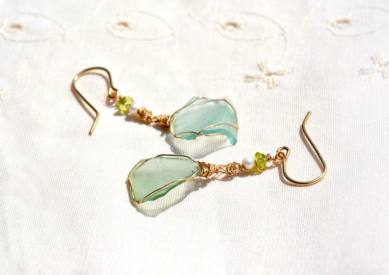 Thin Roman Glass Earrings Pearl& Peridot Gold Filled Earrings. Roman Glass Jewelry from Israel Antique Glass Israeli Jewelry Free Shipping image 4