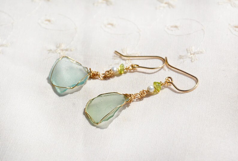 Thin Roman Glass Earrings Pearl& Peridot Gold Filled Earrings. Roman Glass Jewelry from Israel Antique Glass Israeli Jewelry Free Shipping image 6