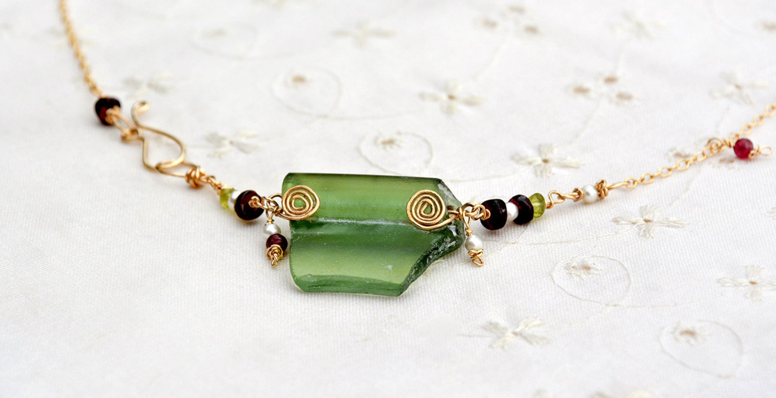 Roman Glass Necklace. Gold Filled Chain Necklace with Pearls Etsy
