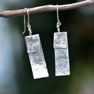 Silver Earrings. Silver Jewelry from Israel. Long Hammered Silver Sheet Earrings. Rectangle Earrings. Israeli Earrings Free Shipping HKart1