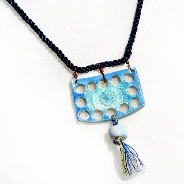 Ceramic Pendant Necklace. Copper Closure Jewelry from Israel Perforated Blue Ceramic Plate +Tassels on Twisted Blue Satin Cord Free Shipping
