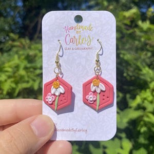 Pink Floral Polymer Clay Earrings - Daisy and Flower Dangles - Handmade Lightweight Jewelry