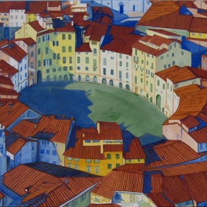 LUCA, ITALIA ... Questa veduta aerea di Luca, in Italia, città natale di Iva, è stata dipinta da una vecchia cartolina utilizzando una tavolozza di colori vivaci.