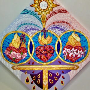 THREE HEARTS MONSTRANCE Painting ... This design is used at Church of the Holy Spirit for first Friday and first Saturday adoration and mass