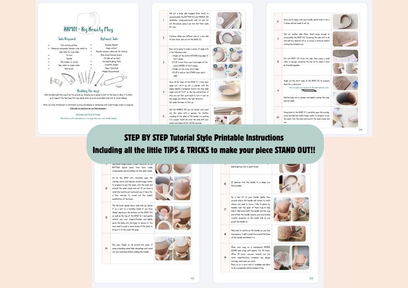 May include: A multi-page printable tutorial guide titled BBM01 - Big Beauty Mug, featuring step-by-step instructions, numbered lists, and small photographic inserts demonstrating the process of crafting a ceramic mug from clay slabs and handles.