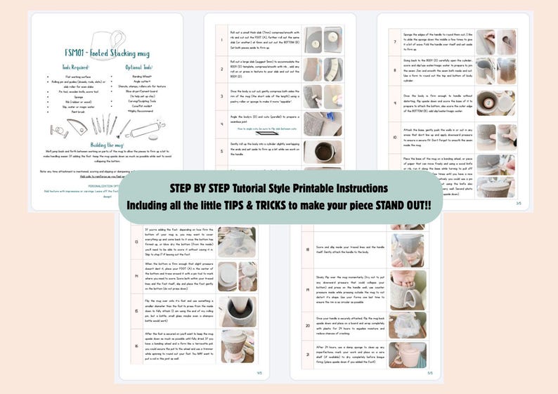May include: A multi-page printable tutorial guide for creating a footed stacking mug, featuring step-by-step written instructions, a list of required tools, and small photographic images illustrating each stage of the ceramic crafting process.