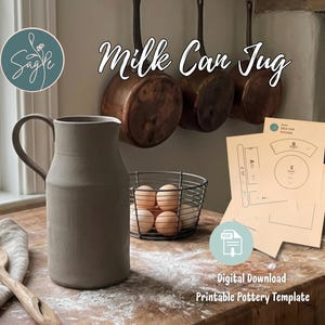 May include: A matte gray ceramic milk can jug with a handle, accompanied by a stack of beige printable pottery template sheets labeled Milk Can Jug, featuring diagrams for parts A, B, and E, and a PDF digital download icon.