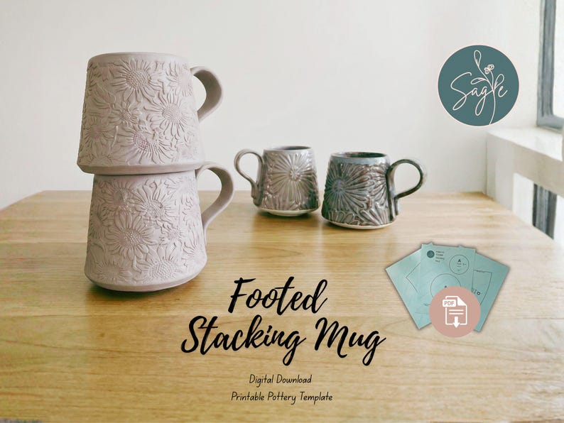 May include: Two light-colored ceramic mugs with embossed sunflower patterns are stacked vertically, while two additional mugs with similar floral textures sit nearby. The text reads Footed Stacking Mug, Digital Download, Printable Pottery Template.