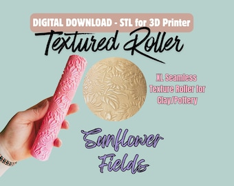 Sunflower Fields XL Flower Texture Roller for Clay – 3D Print STL File (Digital Download)