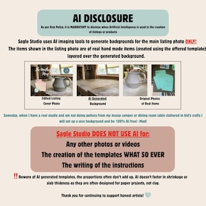 May include: An informational graphic titled AI DISCLOSURE explaining the use of AI-generated backgrounds for pottery product photography. It includes three small inset images showing an edited cover photo, a background, and original photos of real items.