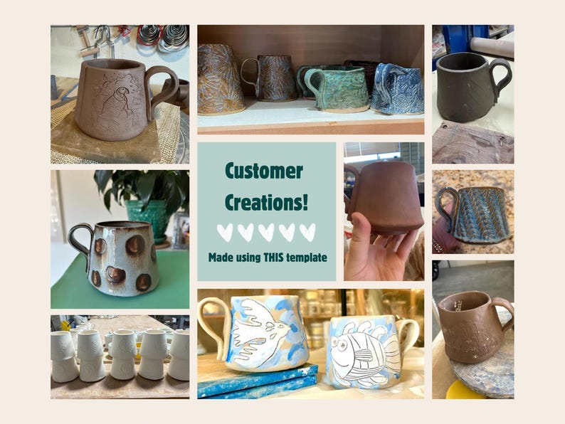 May include: A collage of various handmade ceramic mugs featuring diverse textures, glazes, and carved designs. The central text reads Customer Creations! Made using THIS template. The mugs display patterns including birds, fish, and abstract spots.