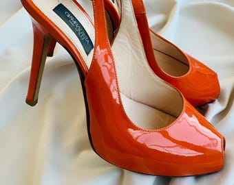 Vintage Giambattista Valli Patent Leather Peep Toe Heels – Red Orange – EU 39.5