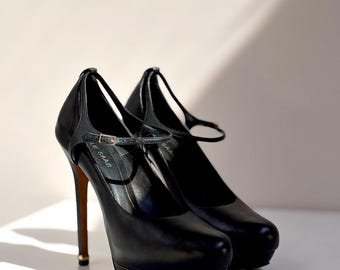 Elie Saab Black Leather Mary Jane Platform Pumps | Fall 2011 Stiletto Heels EU 38