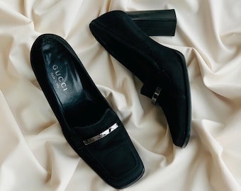 Zapatos de tacón de bloque de ante negro de Gucci - Punta cuadrada - Hechos en Italia - Talla EU 36.5