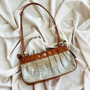 Vintage Just Cavalli Logo Canvas Leather Baguette Shoulder Bag 2000s Y2K It Girl Style