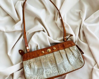 Vintage Just Cavalli Logo Canvas Leather Baguette Shoulder Bag 2000s Y2K It Girl Style