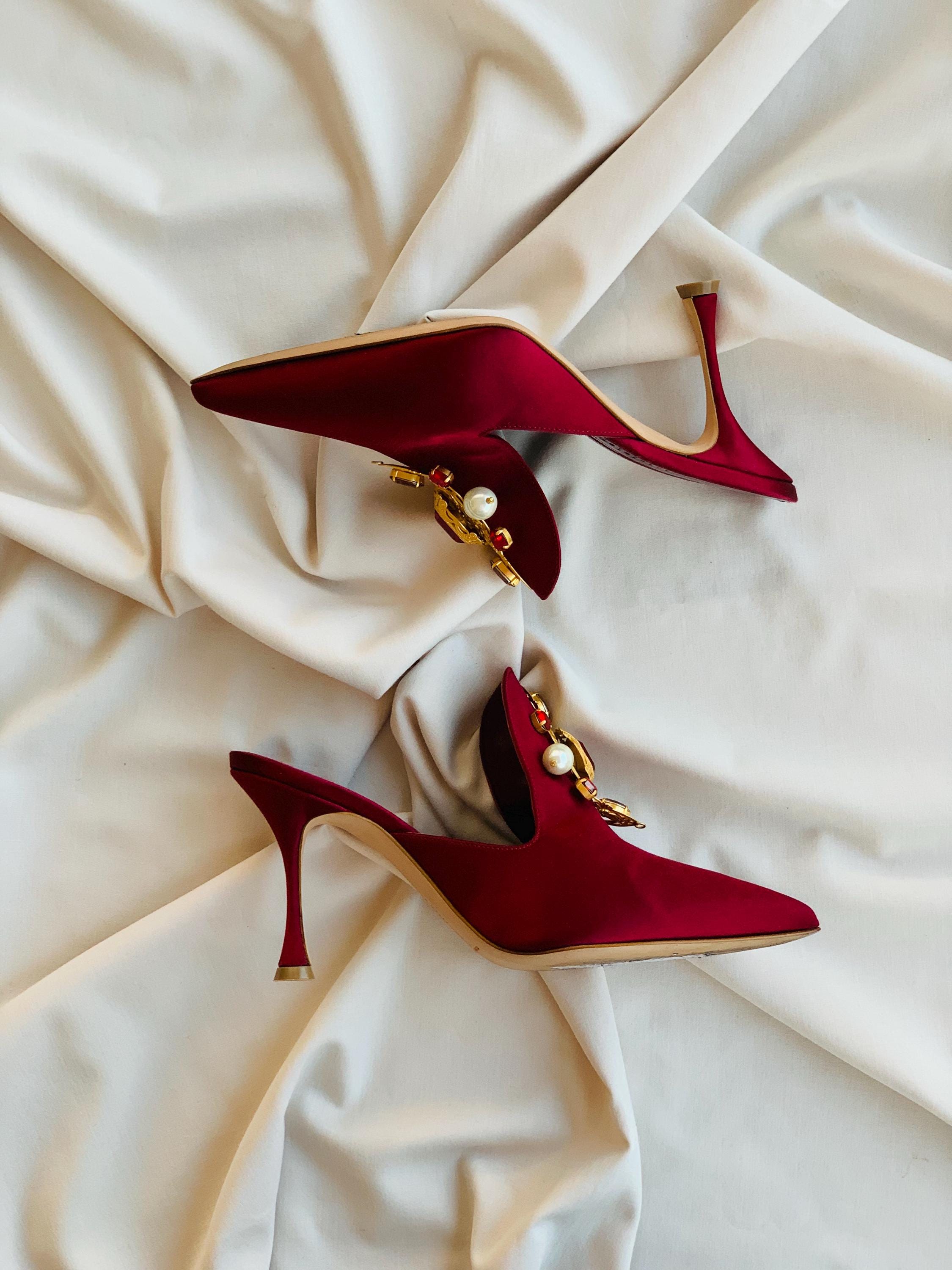 Manolo Blahnik Burgundy Satin Heels - Baroque Gem Brooch Mules