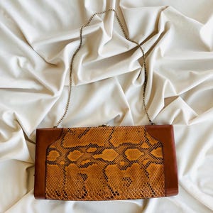 Vintage 80s Real Leather Snake Print Shoulder Bag with Chain Strap – Convertible Clutch