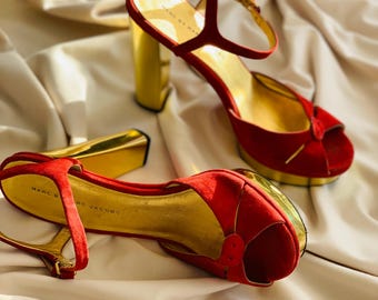 Vintage Marc by Marc Jacobs Red Suede Heels: 2000s Platform Sandals