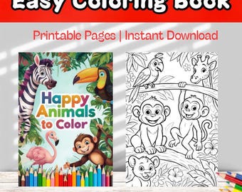 Happy Animals to Color. A coloring book filled with 27 pages of adorable animal designs, perfect for kids to explore their creativity. PDF