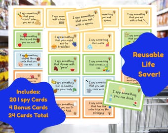 May include: A set of 24 I Spy cards with various prompts, including "I spy something that you eat with a spoon." The cards are in yellow, green, and orange, with a blue graphic that says "Reusable Life Saver!"
