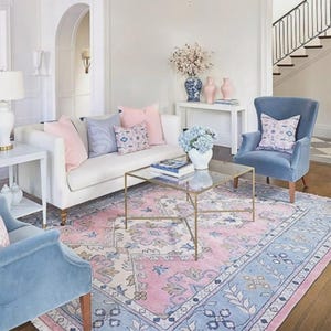 Hand-Knotted Turkish Oushak Rug Vintage Pastel Pink Wool Carpet Floral Traditional Area Rug for Home Decor 5x8 6x9 7x10 8x10 9x12 Duty Free