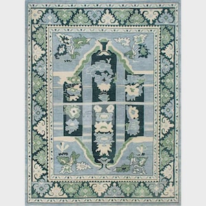 Modern Oushak Rug 9x12, Blue Area Rug, Teal & Green Wool Rug, 8x10 Turkish Rug Pink And Cream Accents, Bedroom Rug 6x9: Misty Moors AR_3069
