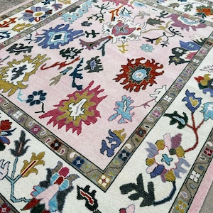 Pink Hand Knotted Oushak rug 4x6, 5x8, 6x9, 8x10 9x12 10x14 12x15, Bedroom Rug Hallway Rug, Luxury Rug Antique Wool Area Rug for Bigroom Rug