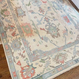 9x12 Handmade Modern Oushak Rug with Sea Blue Border Olive green Blue Accent Modern Rug | Living Room rug Floral Design 6x9, 8x10, ARS - 06