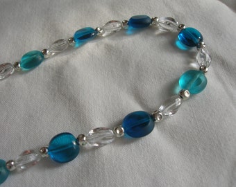 Long Czech Bead Necklace with Blue and Clear beads