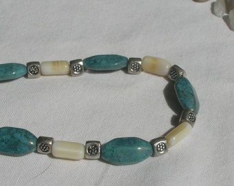 Teal and Cream Czech Bead Necklace
