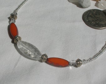Orange and Clear Oblong Czech Glass Bead Necklace
